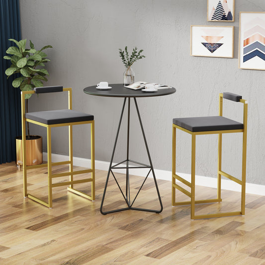 Set Of 2 Bar Stools With Backrest & Footrest Counter Height Velvet Upholstered Dining Chairs For Kitchen Island  Gold & Gray