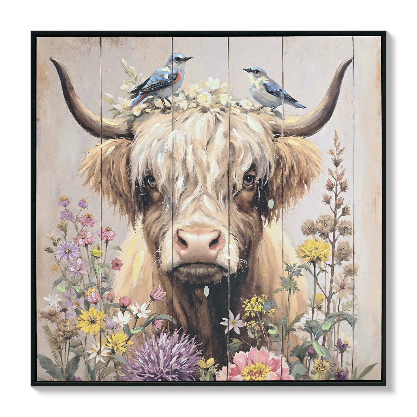 Farmhouse Highland Cow Wall Decor In Neutral Colour  Rustic Cow And Chrysanthemum Picture Canvas Art Print, Gift For Bathroom Or Kitchen, Ideal Animal Artwork For Living Room 24x24INCH