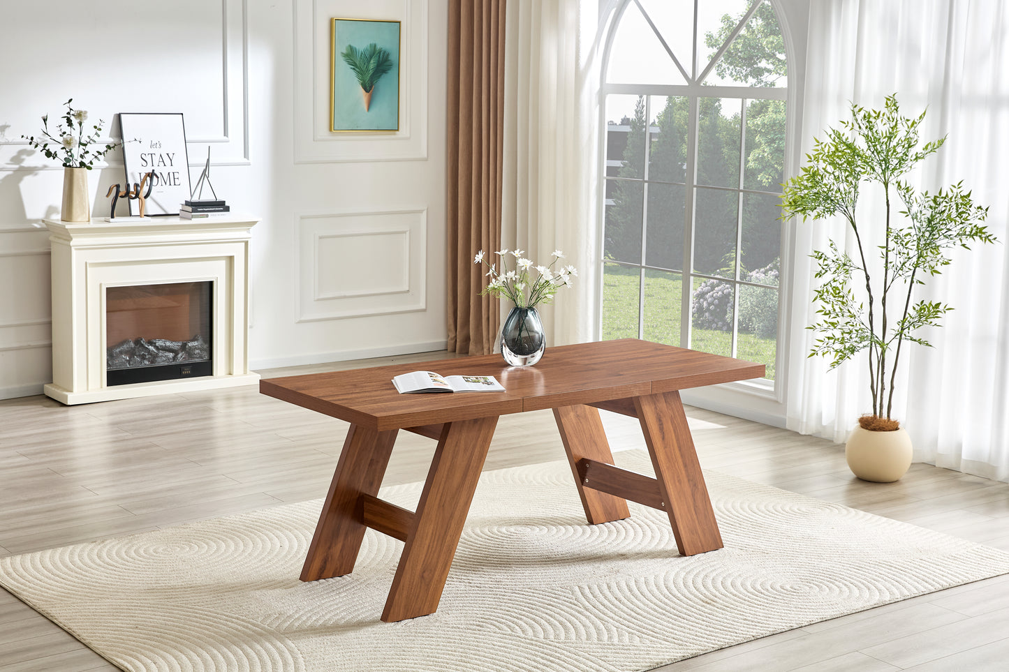 71x31.5inches Walnut Wood Grain MDF Splicing Rectangular Dining Table.Double-panel Outward-sloping Table Legs.Modern Dining Table For Home Use.Accommodates 6-8 People, Versatile For Multiple Scenarios