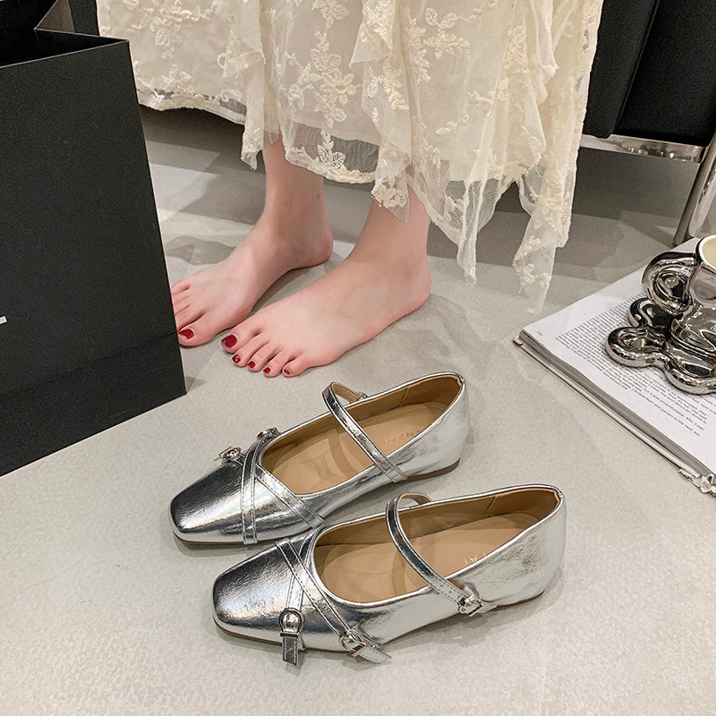 2026 Spring Summer New Women's French Square Toe Mary Jane Flats With Hidden Heel, Elegant Silver Single Shoes With Single Strap Buckle