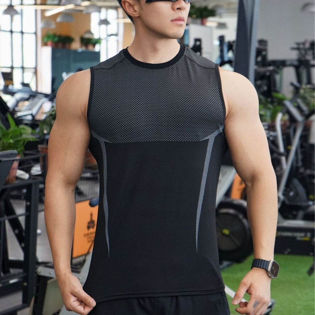 Men's Outdoor Running Training Sports Fitness Stretch Printed Breathable Solid-Color Top For Weightlifting