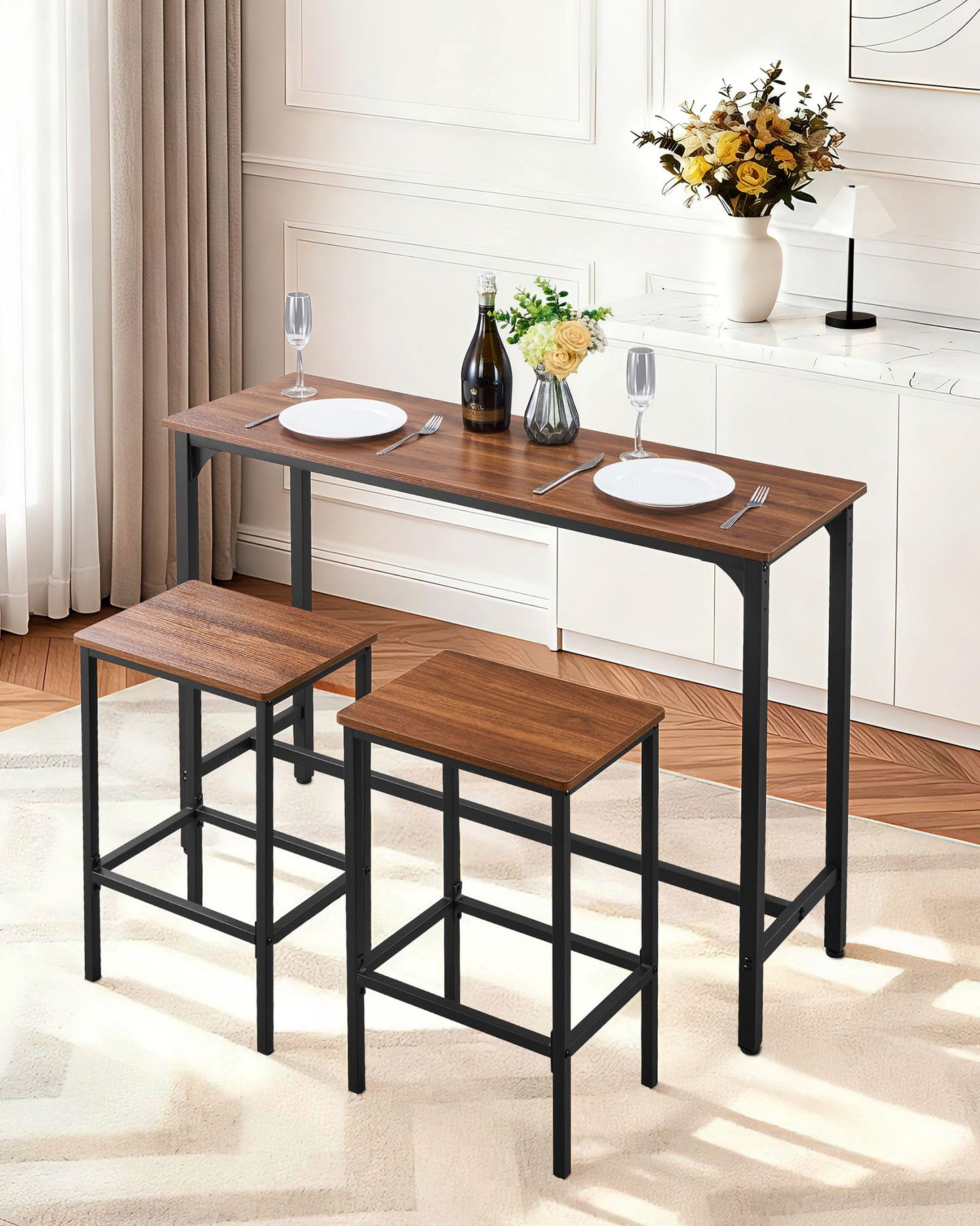 Bar Table, 3PCS 47″ Bars Tables Set, Bar Tables And Chair Set With Rounded Edge Design, Rectangular Pub Table With Two Stools For Office Desk, Breakfast Corner, Mini Bars, Rustic Brown, Black