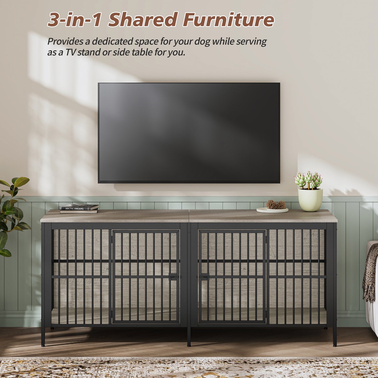 80  Dog Crate End Table, Heavy Duty 2-Door Indoor Pet Kennel, Multipurpose Dog House Furniture As TV Stand Or Side Table For Living Room, Large & Medium Dogs, Grey.
