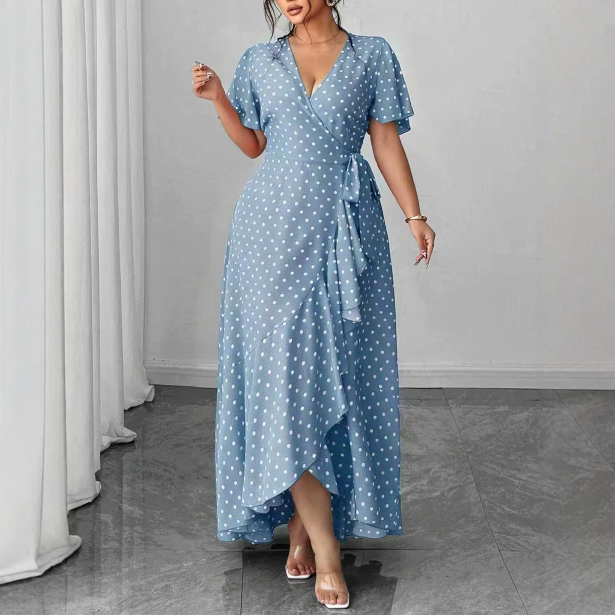 New Minimalist Elegant V-neck Midi Dress With Floral Print And Tie-up Detailing