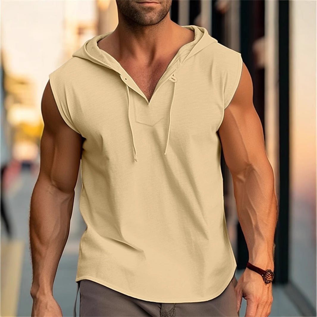 Mens Sleeveless Fitness Sports Drawstring Hooded Vest