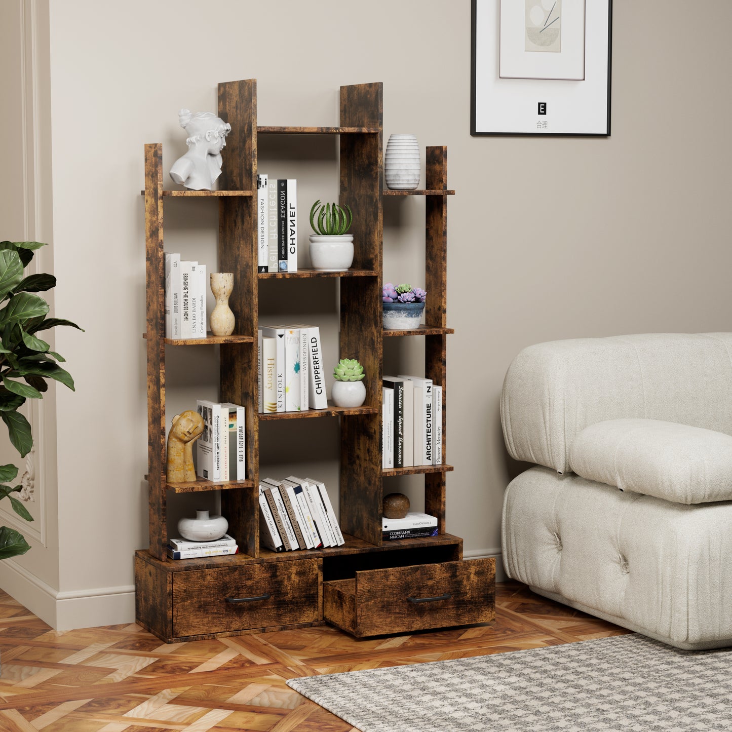 Bookshelf With 2 Drawers, Industrial Freestanding Open Display Shelving, Vintage Open Bookcase, 12 Storage Shelves, Book Case For Bedroom, Living Room, Home Office, Rustic Brown