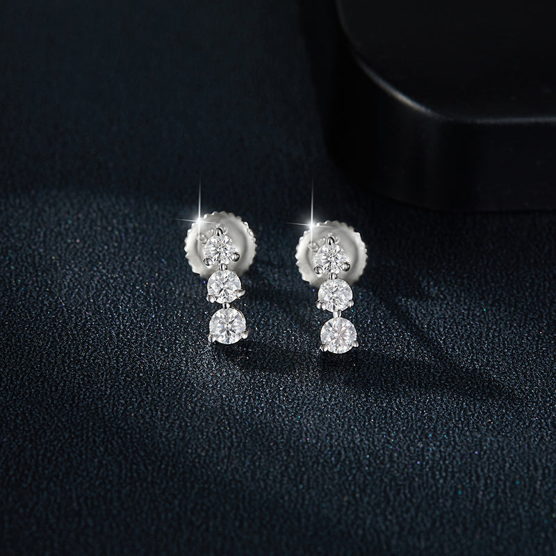 S925 Sterling Silver Moissanite 3 Stone Earrings  Round Cut Screw Back Studs With GRA Certificate Platinum Plated Vertical Drop Jewelry Gift Box Set For Women