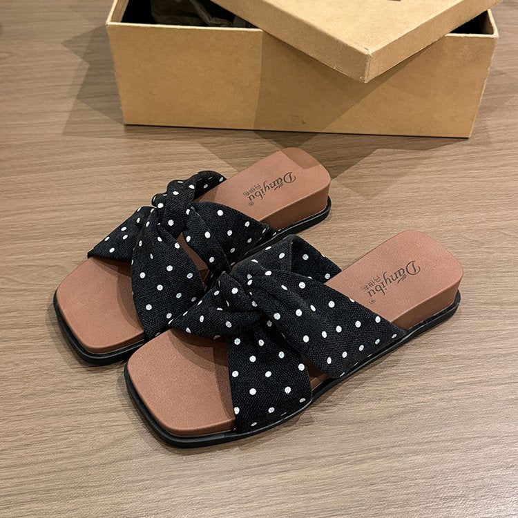 French Polka Dot Cross Belt One Line Slippers For Women's Summer Outdoor Wear Vacation Fairy Style Beach Sandals