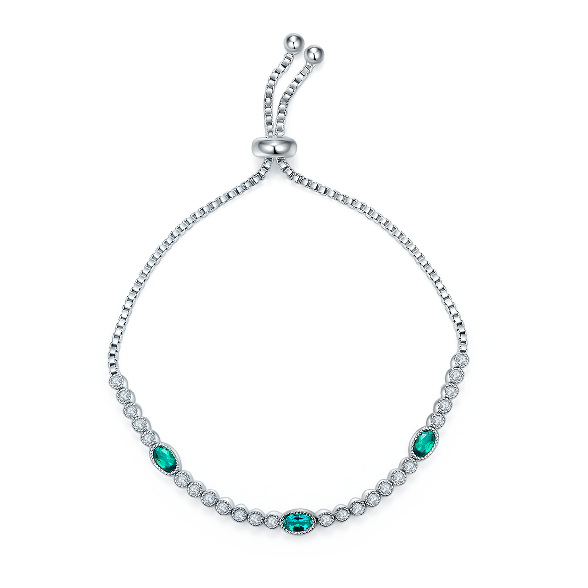 S925 Sterling Silver Adjustable Slider Bracelet, 5x3mm 3-Stone Lab-Grown Emerald Box Chain, Platinum Plated 6.5g Fine Jewelry Gift Box