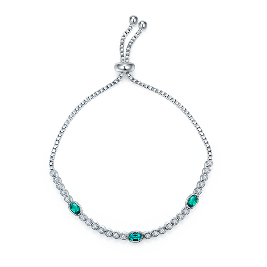 S925 Sterling Silver Adjustable Slider Bracelet, 5x3mm 3-Stone Lab-Grown Emerald Box Chain, Platinum Plated 6.5g Fine Jewelry Gift Box
