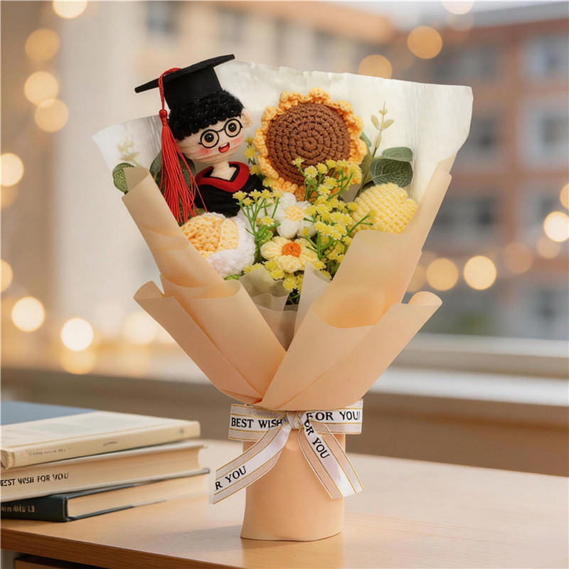 Handmade Crocheted Flower Bouquet, Graduate Figurine Paired With Knitted Sunflower Blossoms, Soft Yarn Everlasting Knitted Bouquet, Indoor Home Decorative Ornament