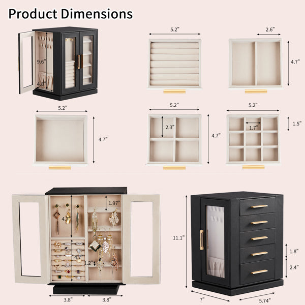 Four Sides With Storage, 5 Drawers That Can Rotate. Black Cabinet Body,   Velvet Fabric. Necklace Box.