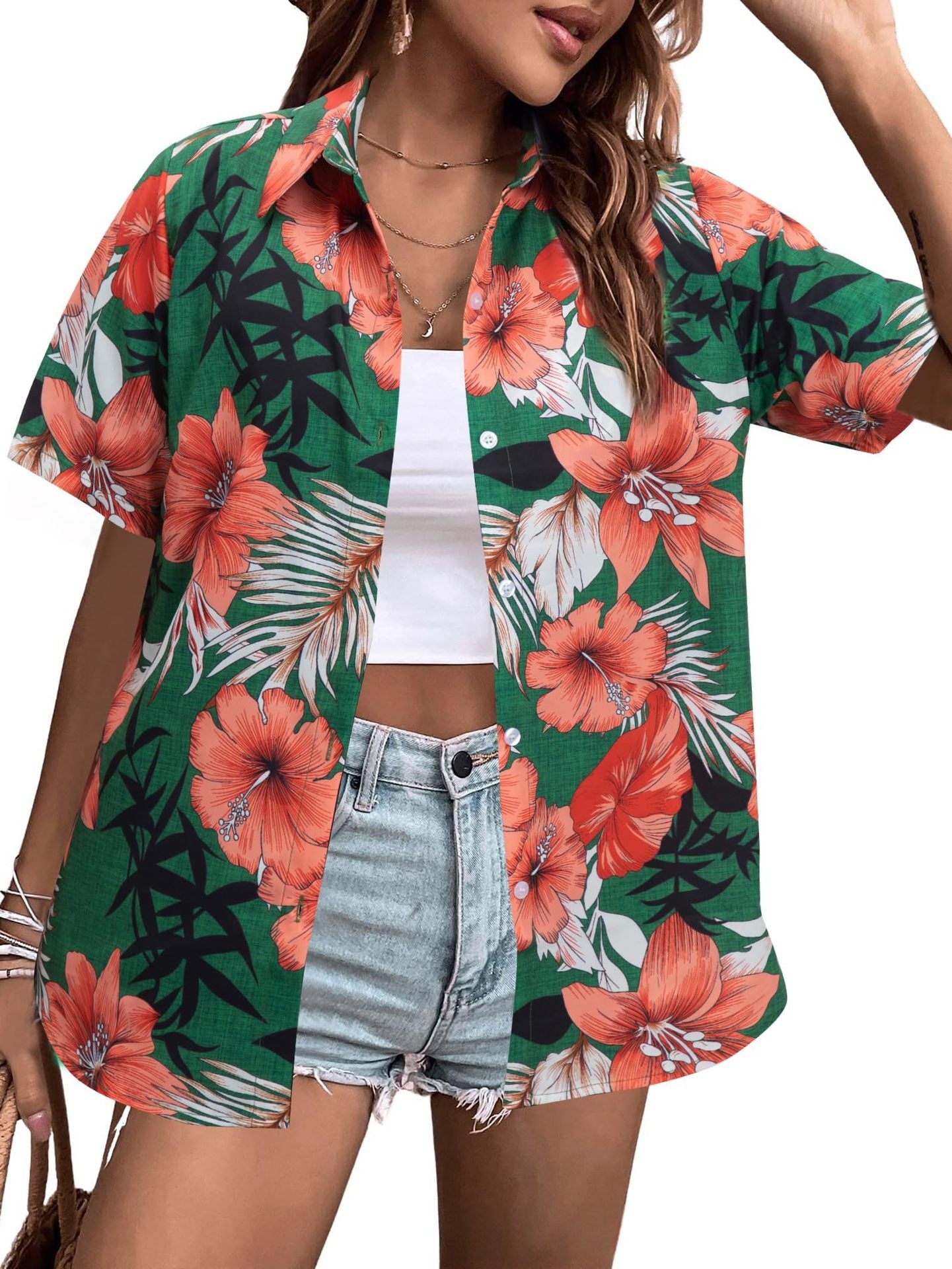 Womens Fashion Plus-Size Floral Loose-Fitting Shirt