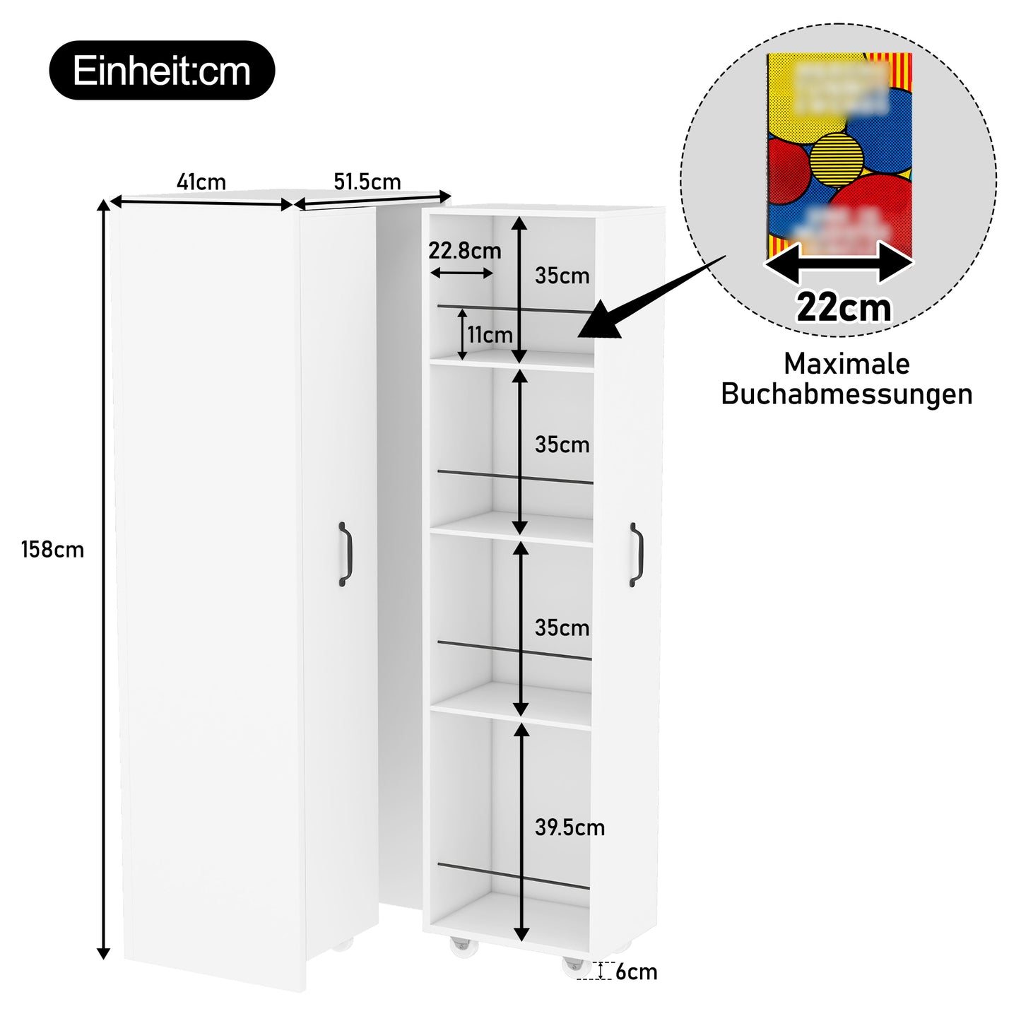 N880P3152289W  Expandable Bookcase With Castors - 4 Levels, Interchangeable Left And Right, MDF, 20 Kg Load Capacity Per Level, Can Be Used As A Shelf In The Bathroom, Kitchen Or Living Room, White