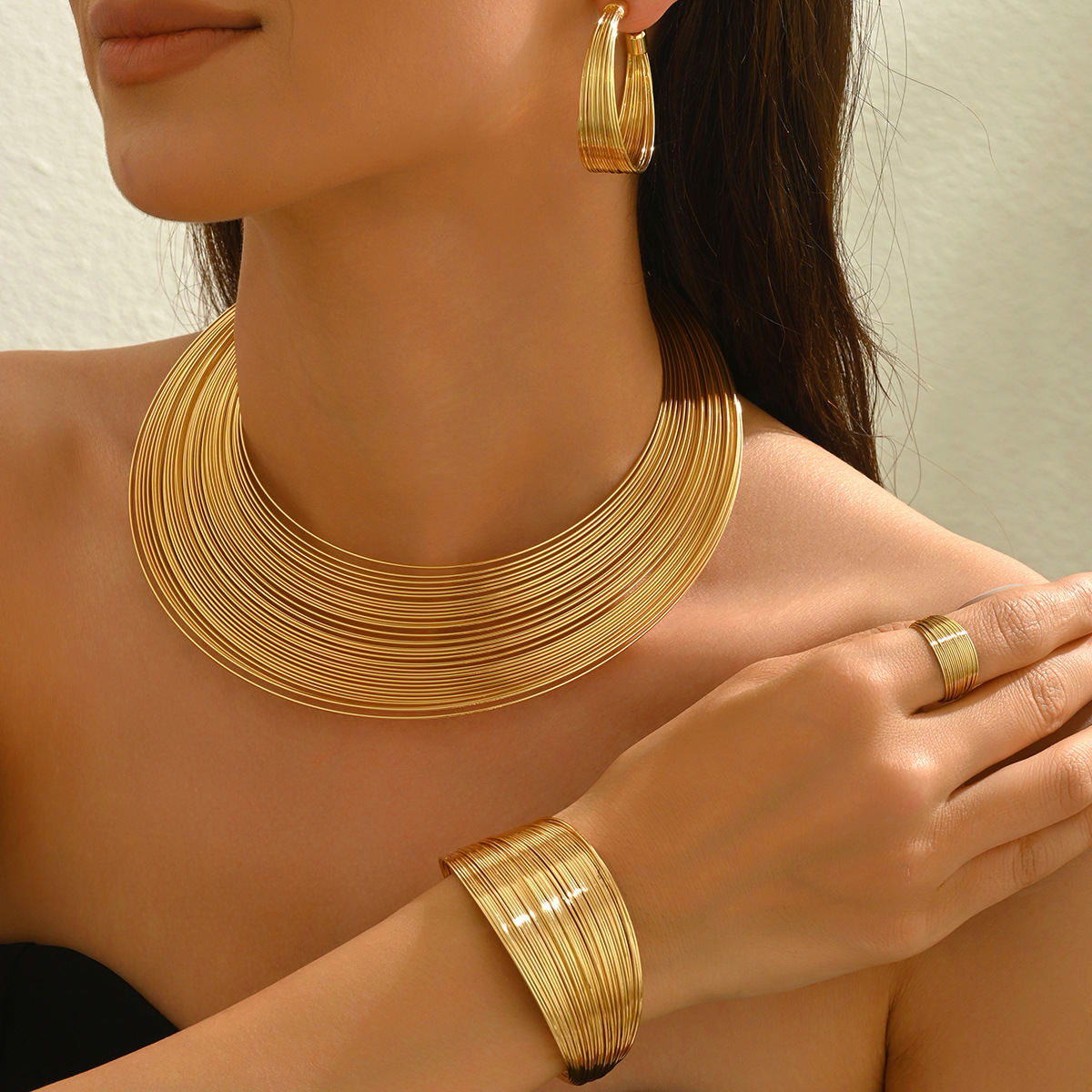 Cross-border European American Women Multi-Layer Metal Jewelry Set, Geometric Line Design Choker & Adjustable Open Bangle, Versatile Daily Wrist Neck Accessories