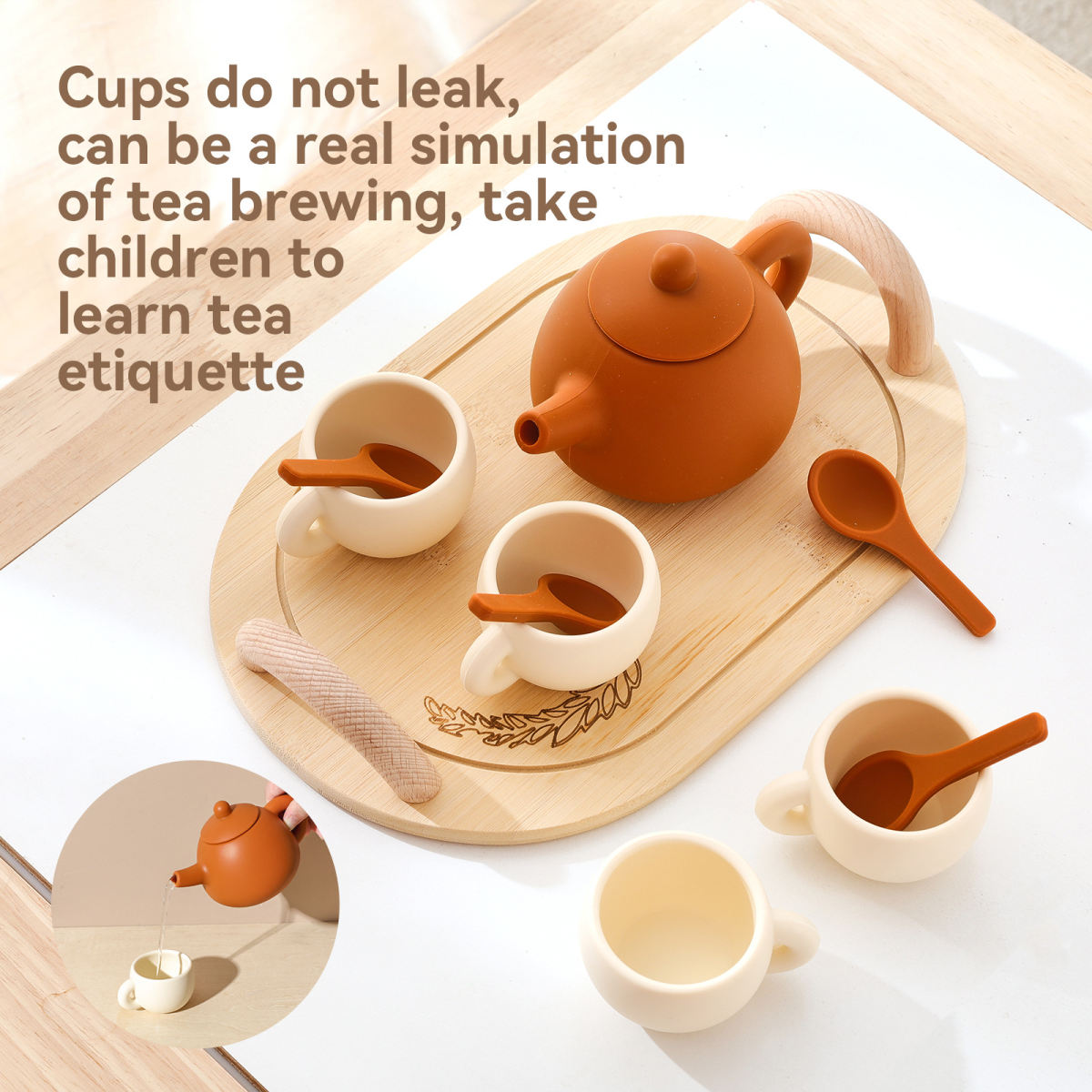 Wooden Silicone Toy Play Kitchen Tea Set For Childrens Pretend Tea Party