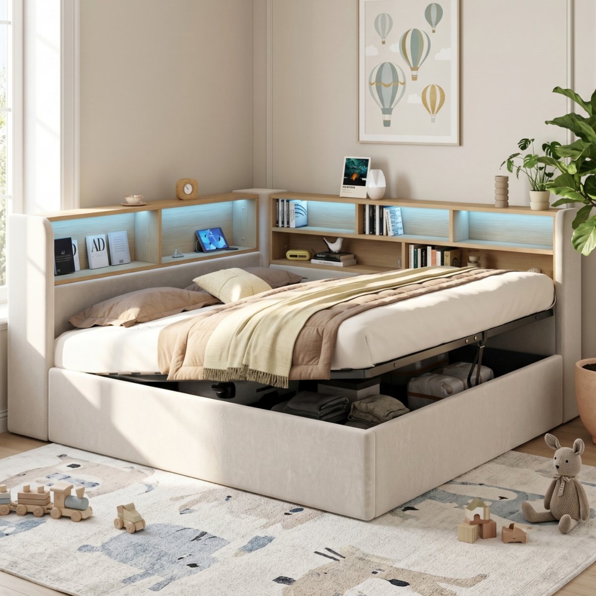 Daybed, L-shaped Upholstered Hydraulic Lift-Up Storage Bed, Sofa Bed With Storage, LED, USB Charging Port, 4FT6 Double Bed 135x190cm, Hydraulic Storage Bed Frame, Velvet, Beige