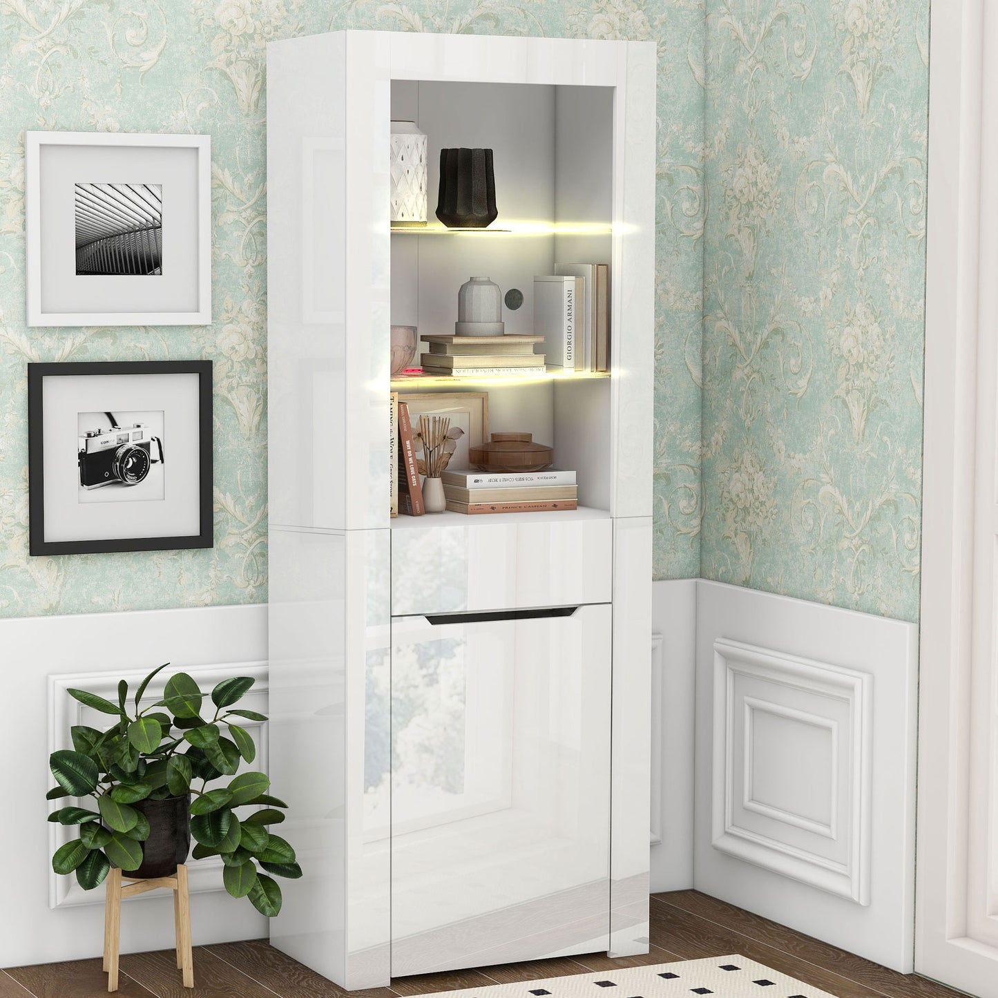 N625P216796797WVitrine With App LED Lights Bookcase Filing Cabinet Standing Display Cabinet Storage Cabinet With Shelves Display Cabinet Kitchen Cabinet Bookcase For Kitchen Living Room Office Dining
