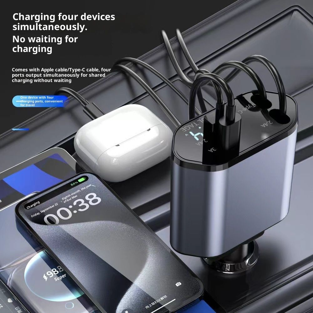 Car Mobile Phone Charger 120W Super Fast Charge Four-in-one With Flexible Wire