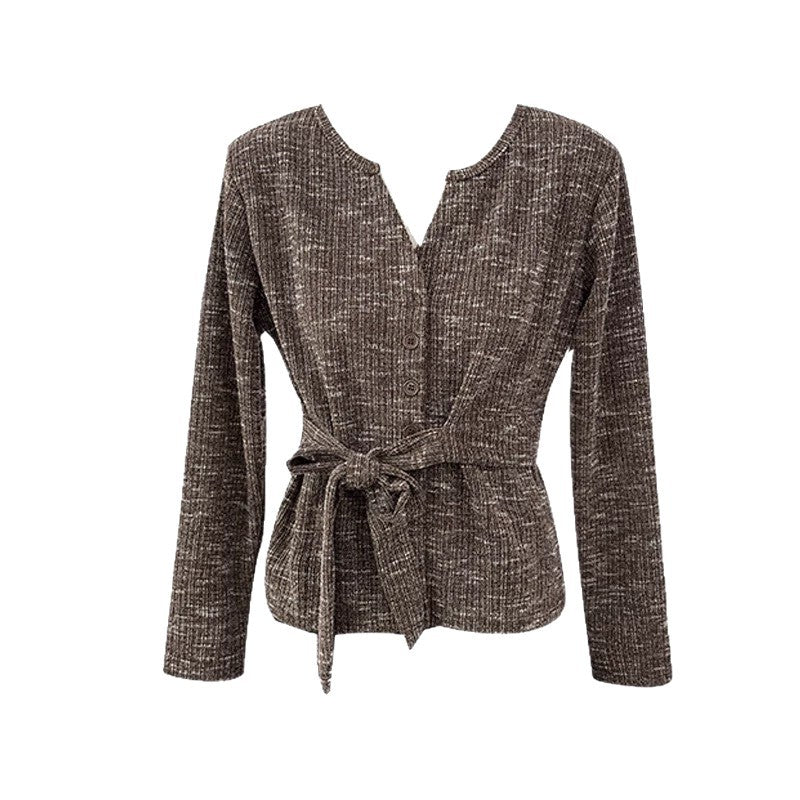 Korean-style Design Color-blocked Small V-neck Long-sleeve Knit Sweater
