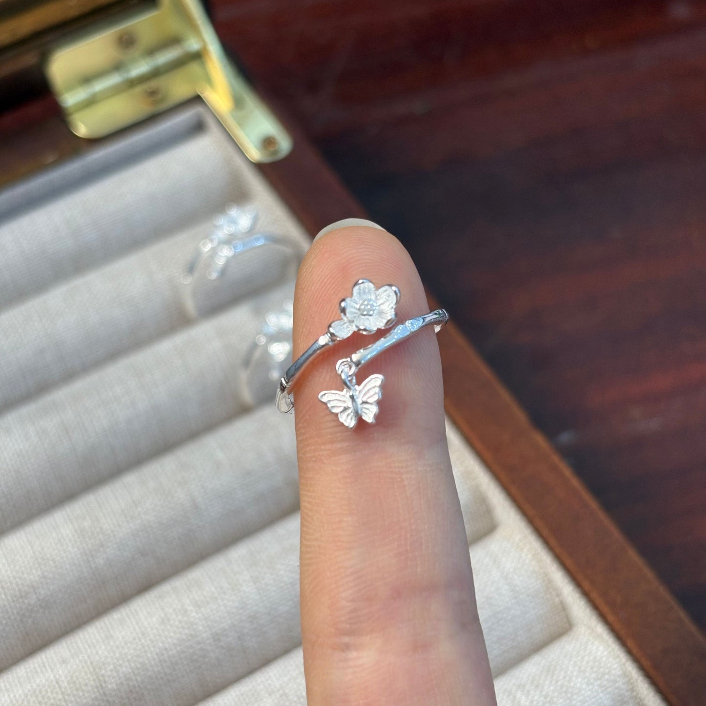 1pc 999 Sterling Silver Bamboo Flower And Butterfly Charm Open Ring, Fresh Style, Perfect For Daily Wear And Valentine's Gift