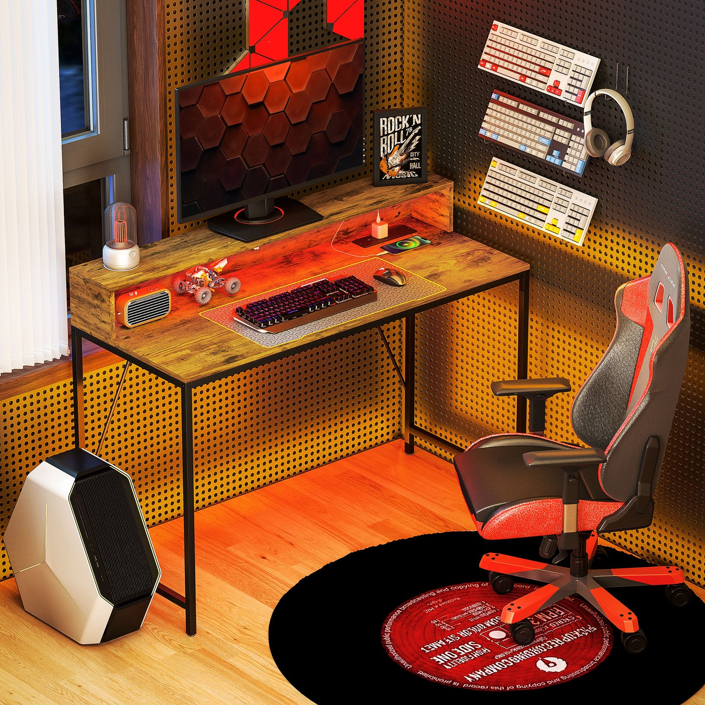 120cm Computer Desk With LED Lights And Power Outlets, Gaming Desk With Monitor Stand, Computer Table With Remote For Home Office Study, Rustic Brown