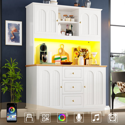 Pantry Cabinet With App Controlled LED Lights, 180cm Tall Kitchen Buffet Sideboard With 3 Drawers & Adjustable Shelves, Freestanding Storage Hutch For Dining Room & Kitchen