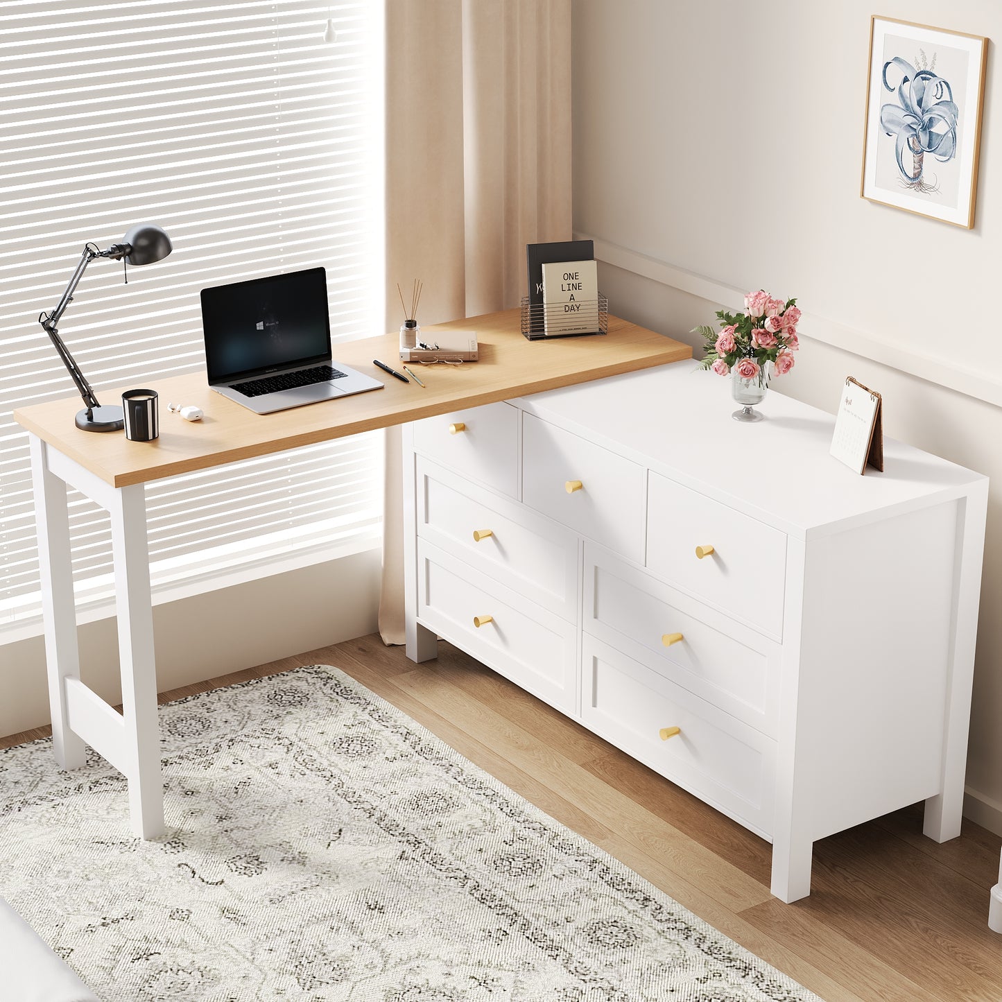 Desk With 7-Drawer Chest Of Drawers -2-in-1 Swivel Workbench And Sideboard, Oak Look, 360 Swivel Table Top, White  Natural, Desk, Dressing Table, L-Shaped Corner Desk