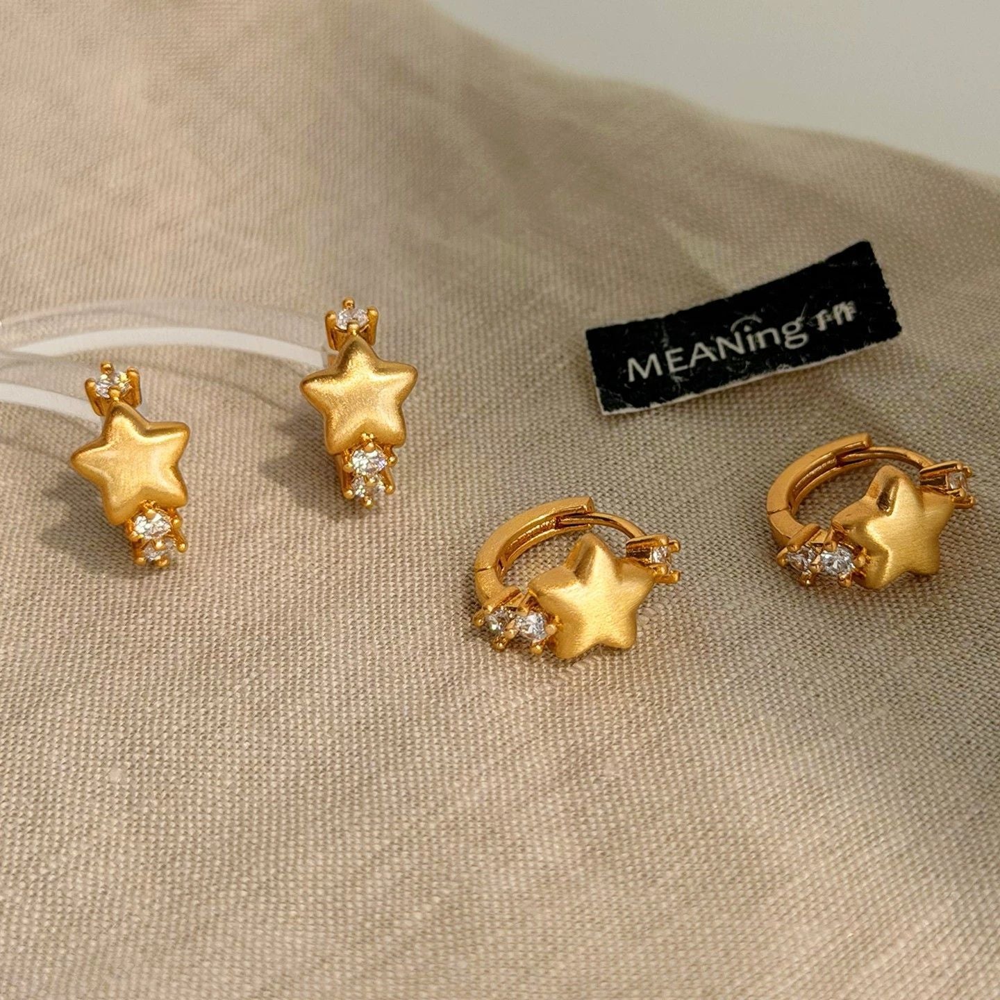 French Gold Brushed Star Huggie Earrings, Minimal Exquisite Niche Unique Designer Hoops, High-End Elegant Fashion Ear Jewelry For Women