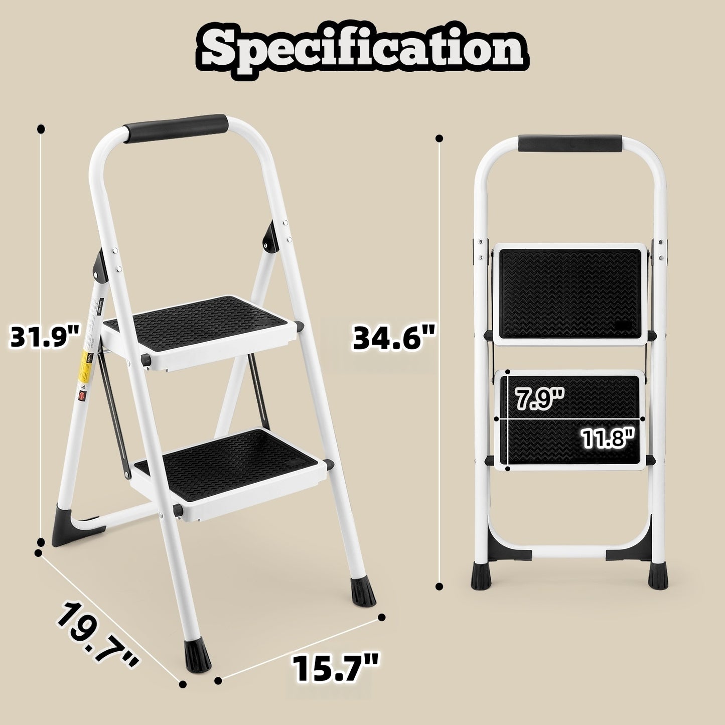 2 Step Ladder, Folding Step Stool With Anti-Slip And Wide Pedal, Lightweight Stepladder With Handrails, Portable For Kitchen, Household, 330LBS, White
