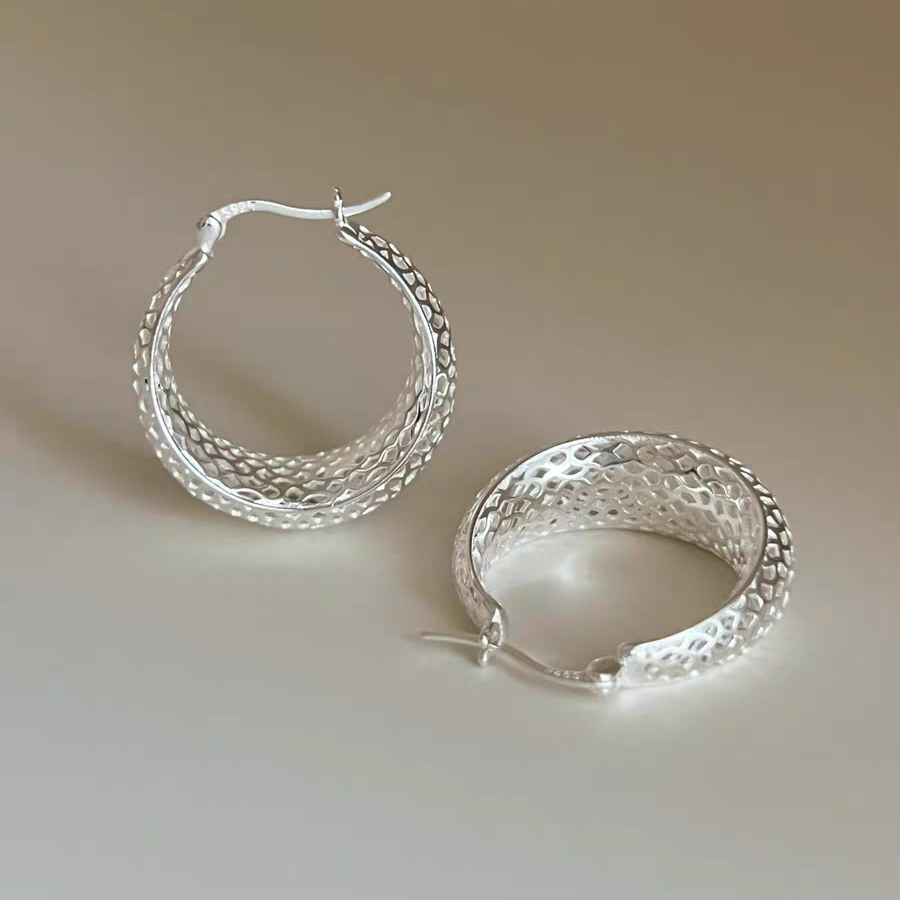 1 Pair 999 Sterling Silver Hammered Wide Hoop Earrings, Minimalist Style, Perfect For Daily Wear And Valentine's Gift