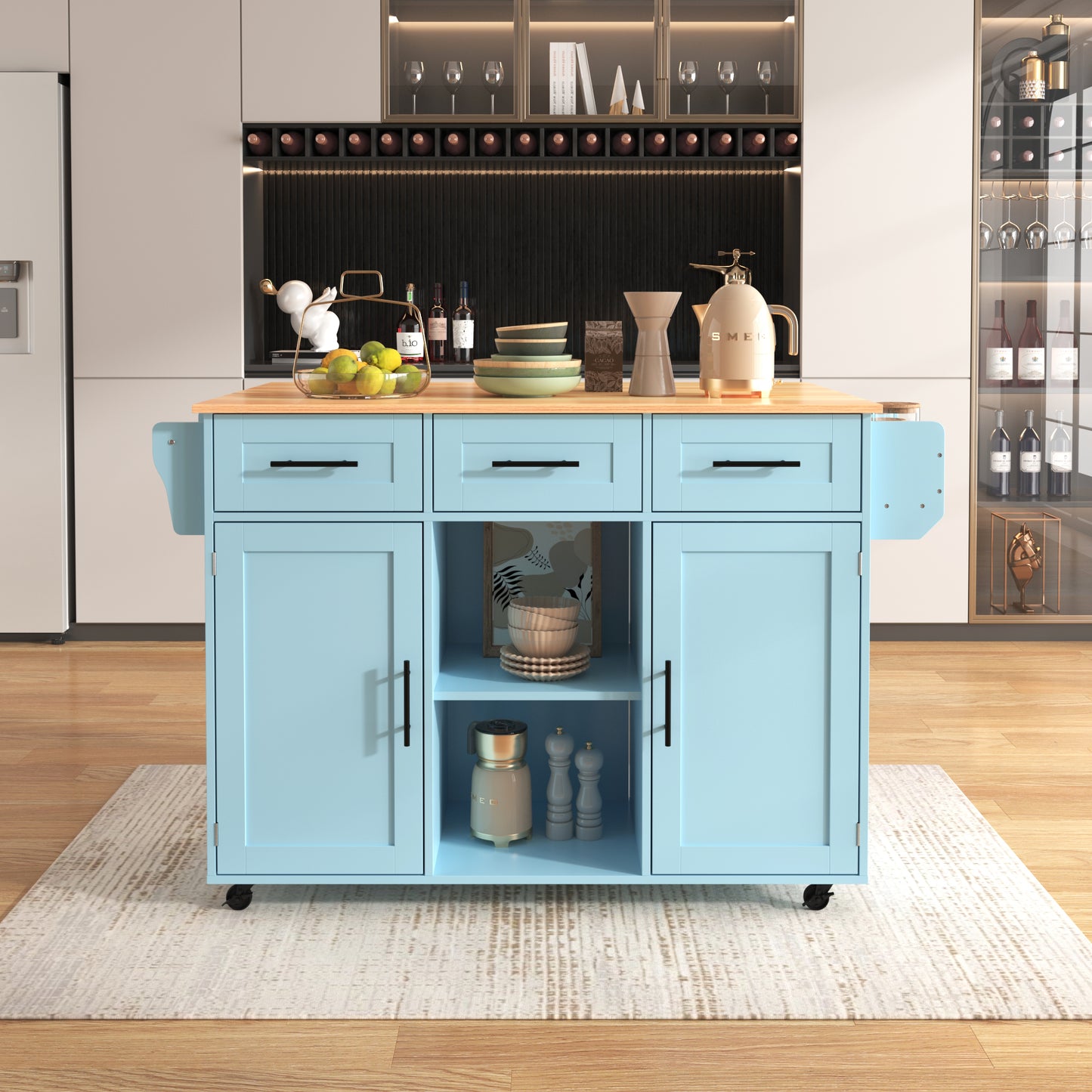 139x46 X91.5 Cm Large Dining Trolley Sideboard, Blue Body   Solid Wood Grain Worktop, Foldable Worktop, Storage Door, Castors, Interchangeable Solid Wood Feet, Suitable For Dining Room, Kitchen