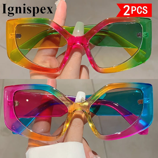 2 Pcs Oversized Square Sunglasses, Colorful Gradient Frame Eyewear, Bright Tint Lens Suitable For Theme Parties, Holiday Events, Beach Travel And Daily Fashion Outfit Matching.