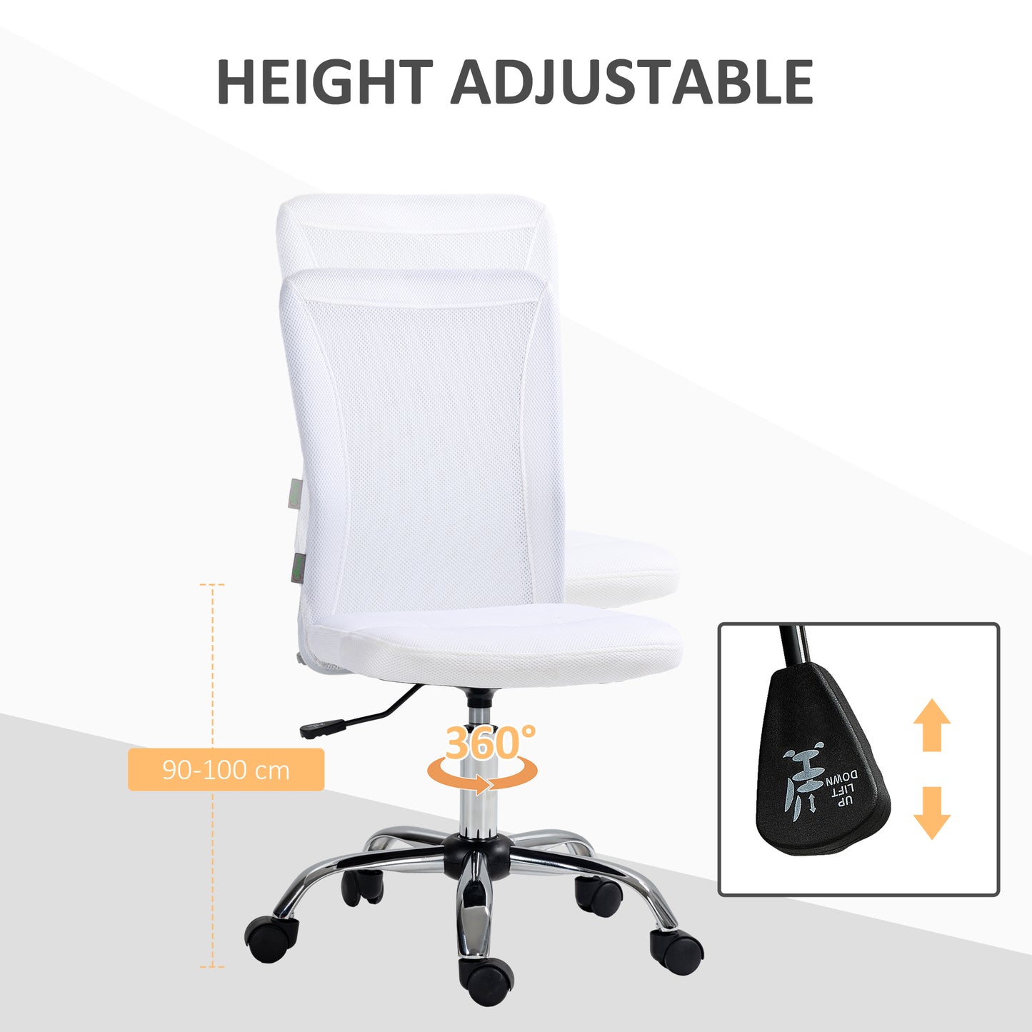 Vinsetto Computer Desk Chair, Mesh Office Chair With Adjustable Height And Swivel Wheels, Armless Study Chair, White