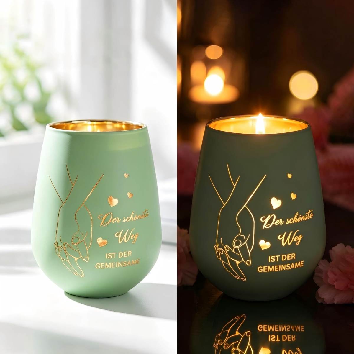 Sage Green Glass Lantern – Engraved Tealight Holder, Decorative Home Accessory