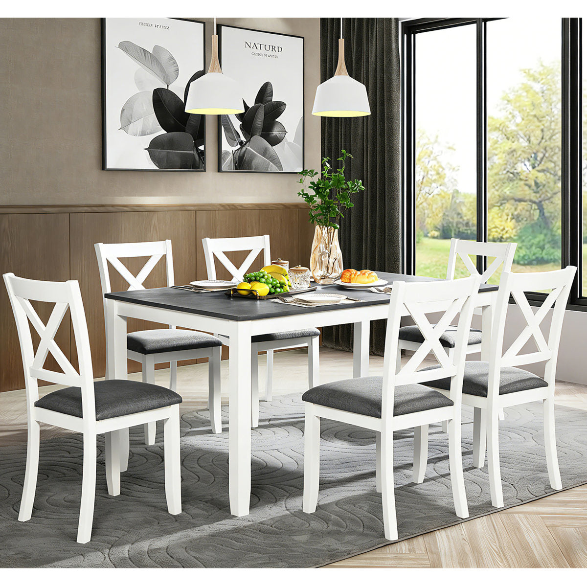 7-Piece Solid Wood Dining Table and Chairs Set, Modern 58.5 Inch Table with 6 Padded Chairs (X-Back Style) for Kitchen, Dining Room, Grey & White two toned