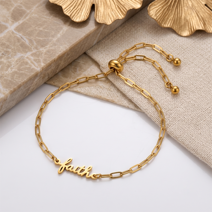 18K Gold Plated Stainless Steel Faith Bracelet For Women, Adjustable Paperclip Chain Script Word Charm Bracelet, Meaningful Religious Gift