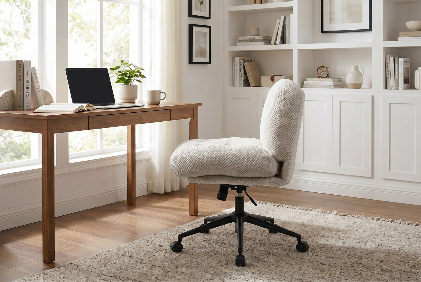 Cross Legged Office Chair No Arms, Adjustable Swivel Wider & Thickened, Ergonomic Desk Chair For Home Office, Vanity,White