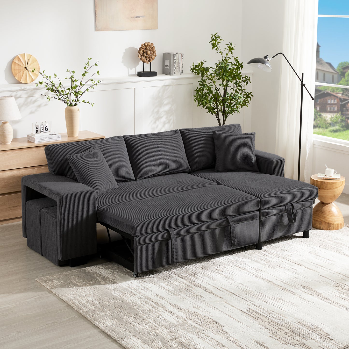 Folding Sofa With Sleeping Function, L-shaped Convertible Corner Sofa With USB Charging Port And Cushions, 3-seater Convertible Sofa With Side Shelves And Storage Space