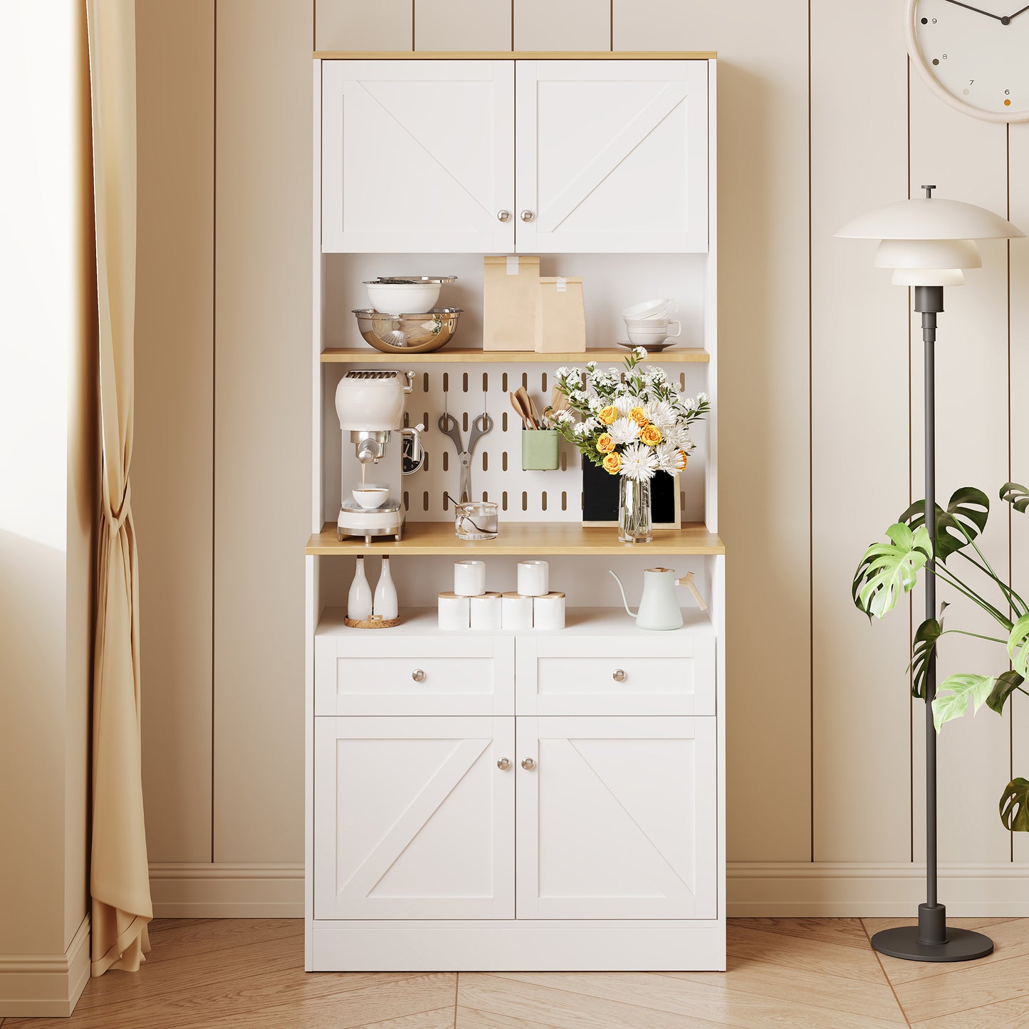 Stylish White Dining Room Sideboard With 2 Drawers And 4 Doors  Elegant Buffet For Kitchen, Dining Room & Living Room With Silver Handles And Generous Storage Space