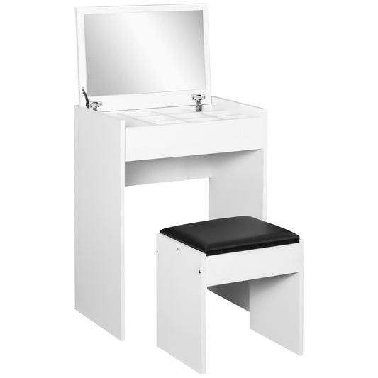 Dressing Table With Mirror And Stool, Vanity Makeup Table With Flip Up Mirror, Vanity Desk With Storage Unit And Padded Seat, White