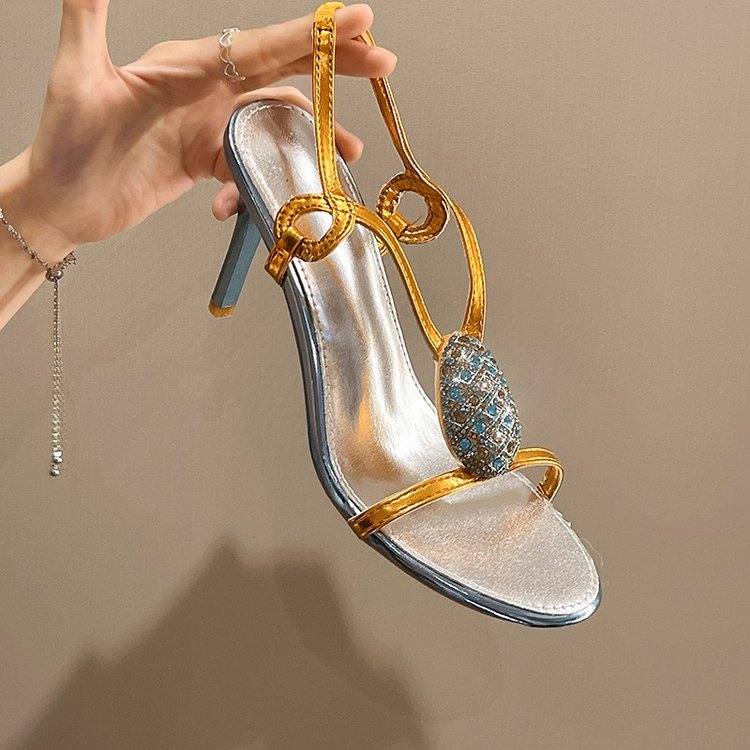 2026 Summer New Women's Rhinestone Open Toe Sandals, Stiletto Heel Single Strap High Heels, Elegant French Style Ladies Shoes