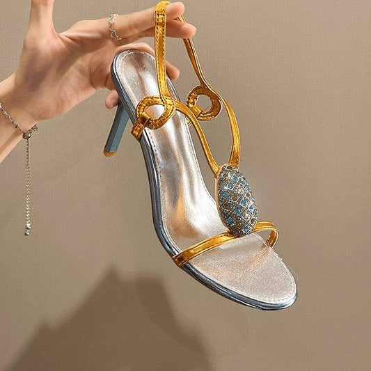 2026 Summer New Women's Rhinestone Open Toe Sandals, Stiletto Heel Single Strap High Heels, Elegant French Style Ladies Shoes