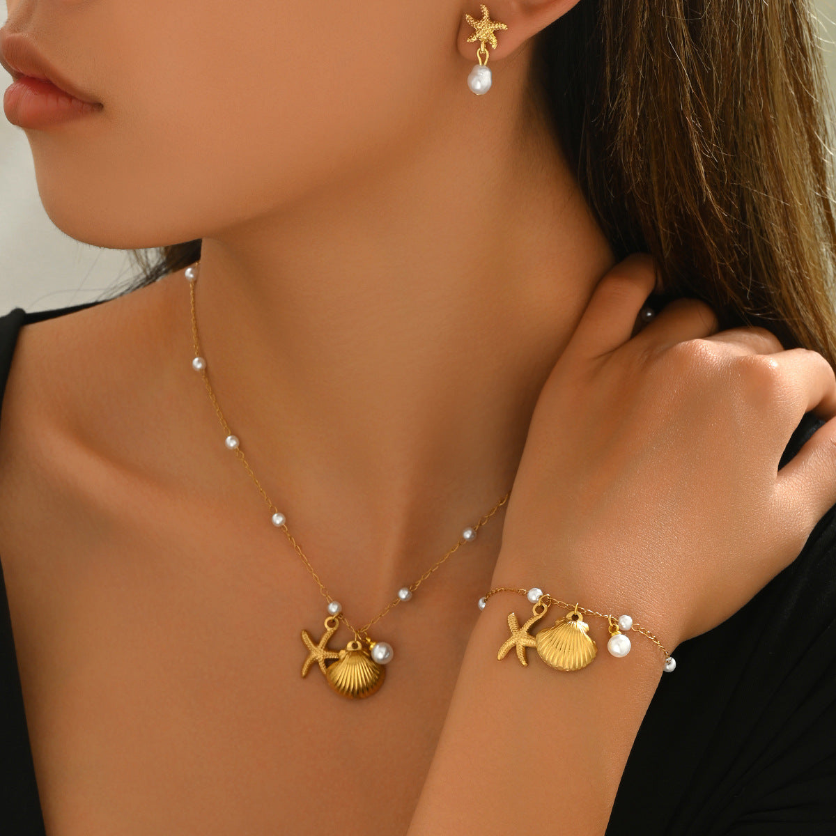 Cross-border European American Ocean Style Women Jewelry Set, Matching Necklace Earrings Bracelet With Shell & Faux Pearl, Trendy Versatile Beach Accessories For Ladies