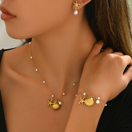 Cross-border European American Ocean Style Women Jewelry Set, Matching Necklace Earrings Bracelet With Shell & Faux Pearl, Trendy Versatile Beach Accessories For Ladies