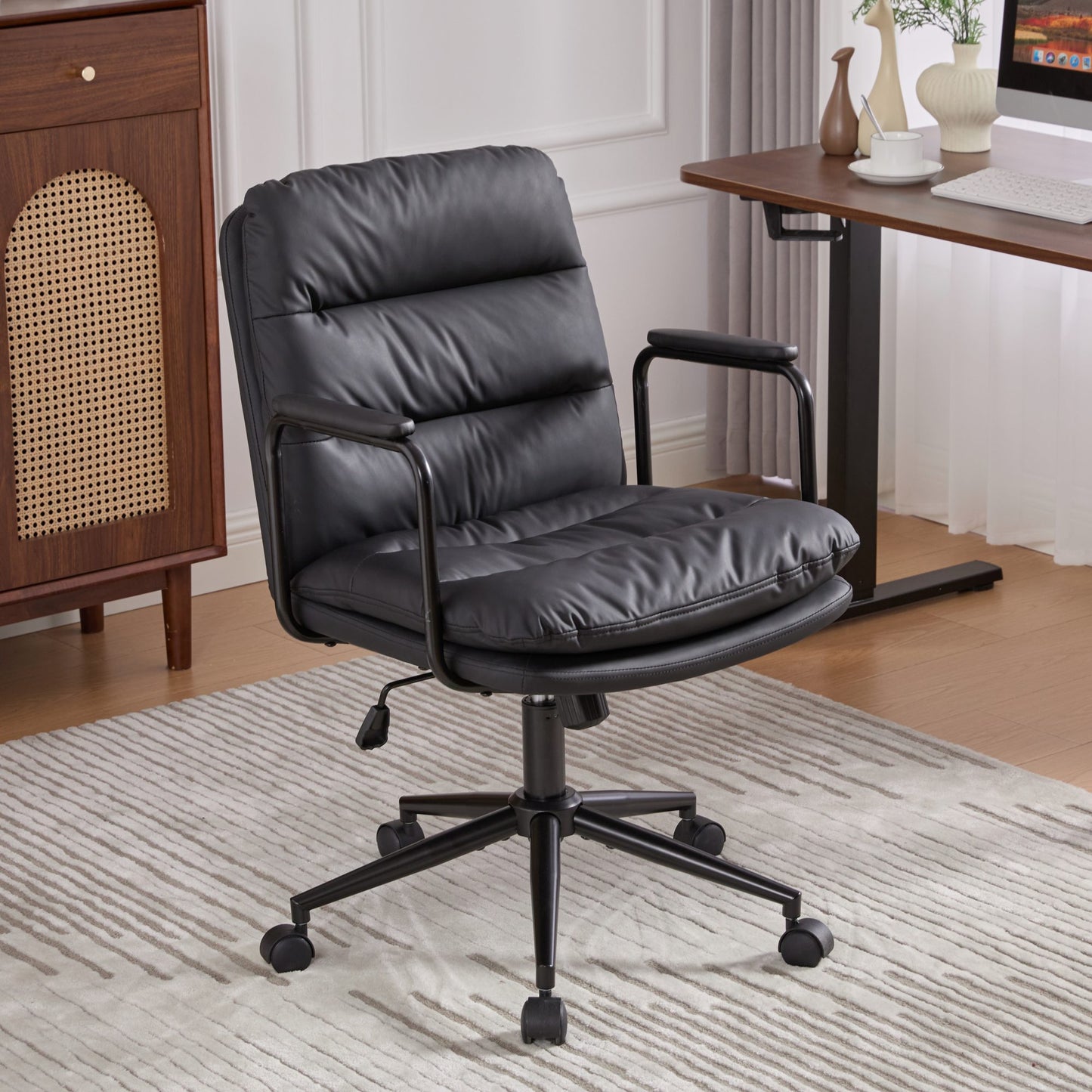 Office Chair,Mid Back Home Office Desk Task Chair With Wheels And Arms Ergonomic PU Leather Computer Rolling Swivel Chair With Padded Armrest,The Back Of The Chair Can Recline 40 Black ,SW1741BK