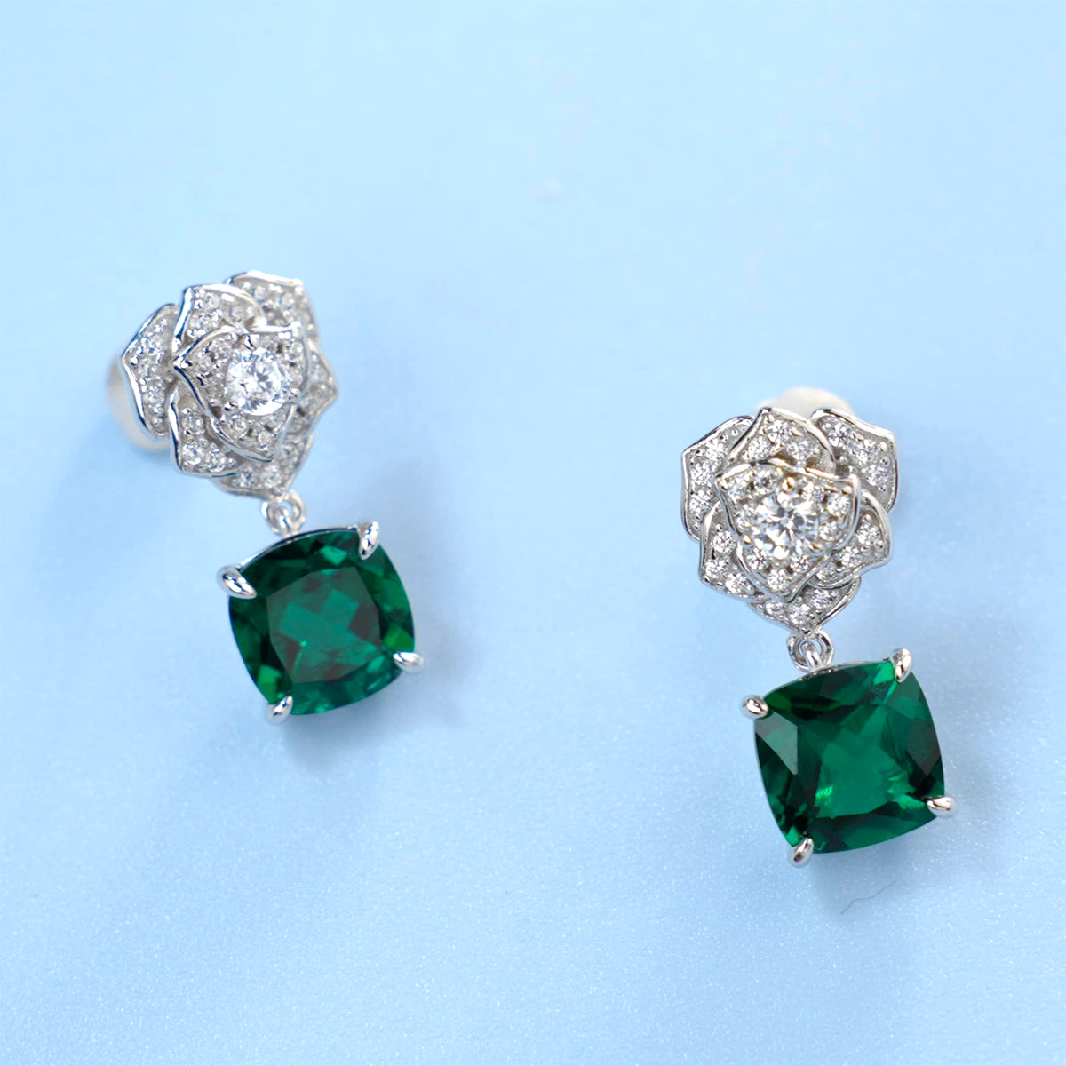 S925 Sterling Silver Rose Drop Earrings, 8mm 6ct Lab-Grown Ruby Sapphire Emerald, Platinum Plated 5g Women's Jewelry Gift Box