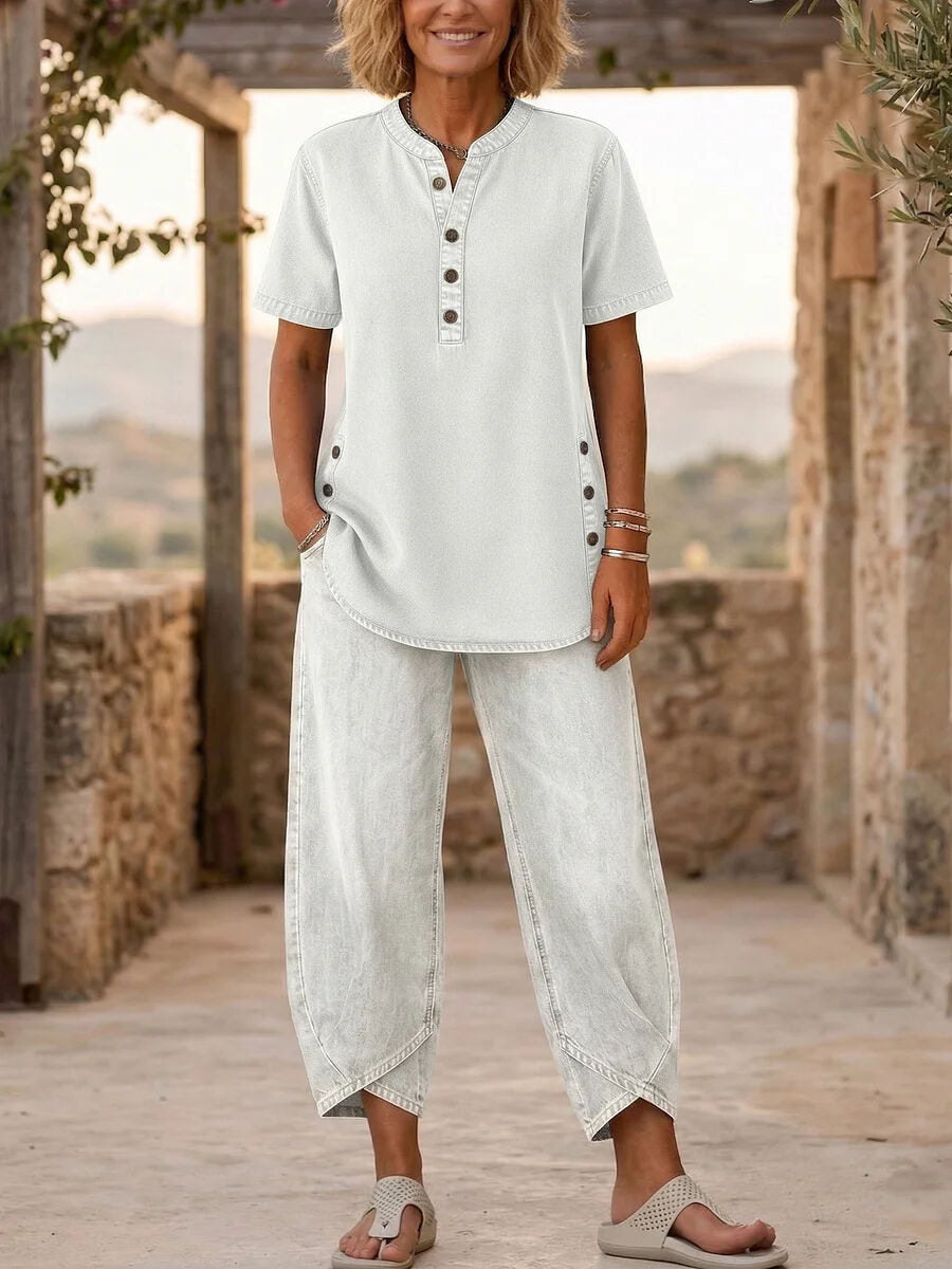 Womens Casual Fashion Set With Lapel Collar And Buttons