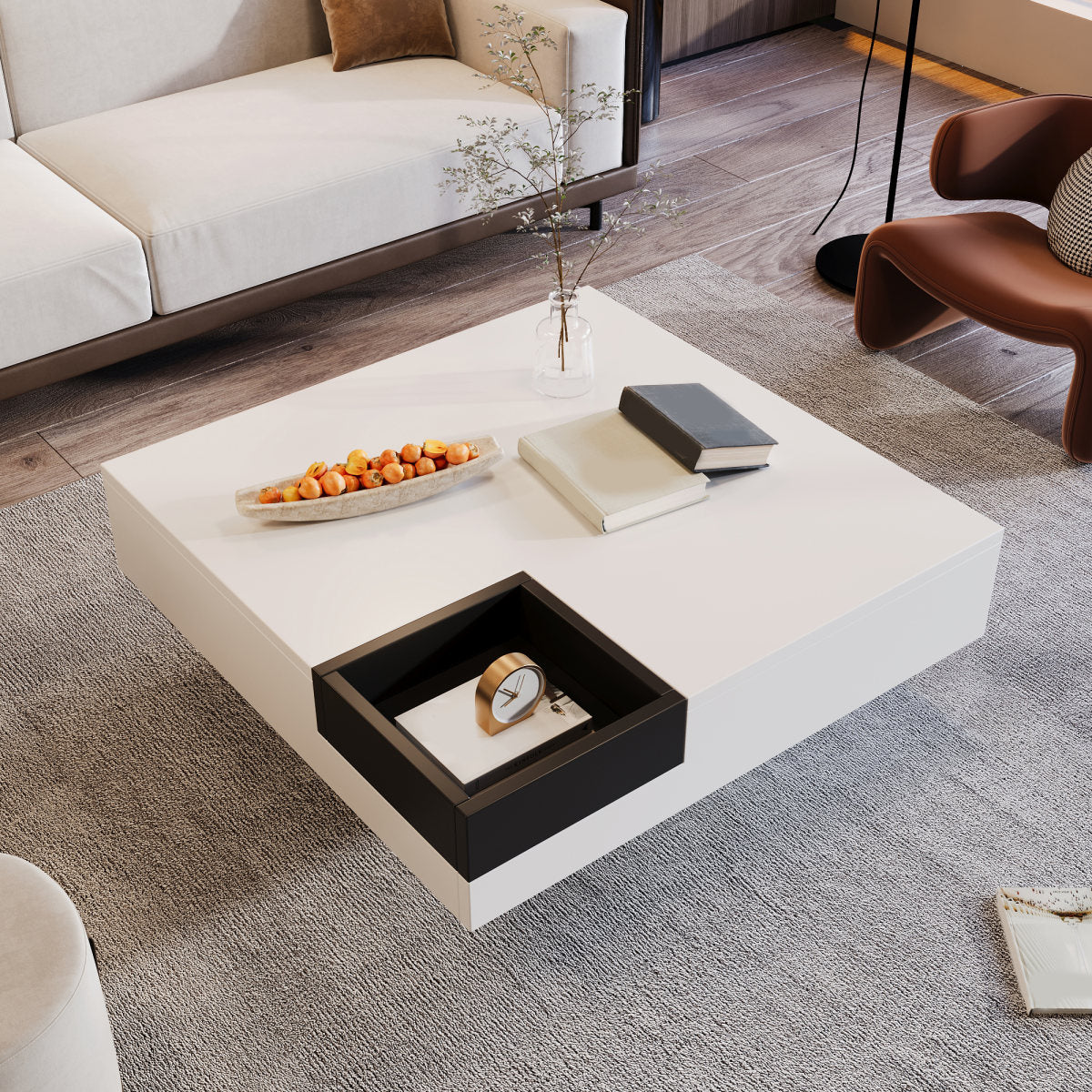 Coffee Table, High-Gloss Living Room Table, Side Table With Removable Storage Box, White And Black Color-Block Design, 72 X 72 X 30 Cm, With LED Lighting Effect