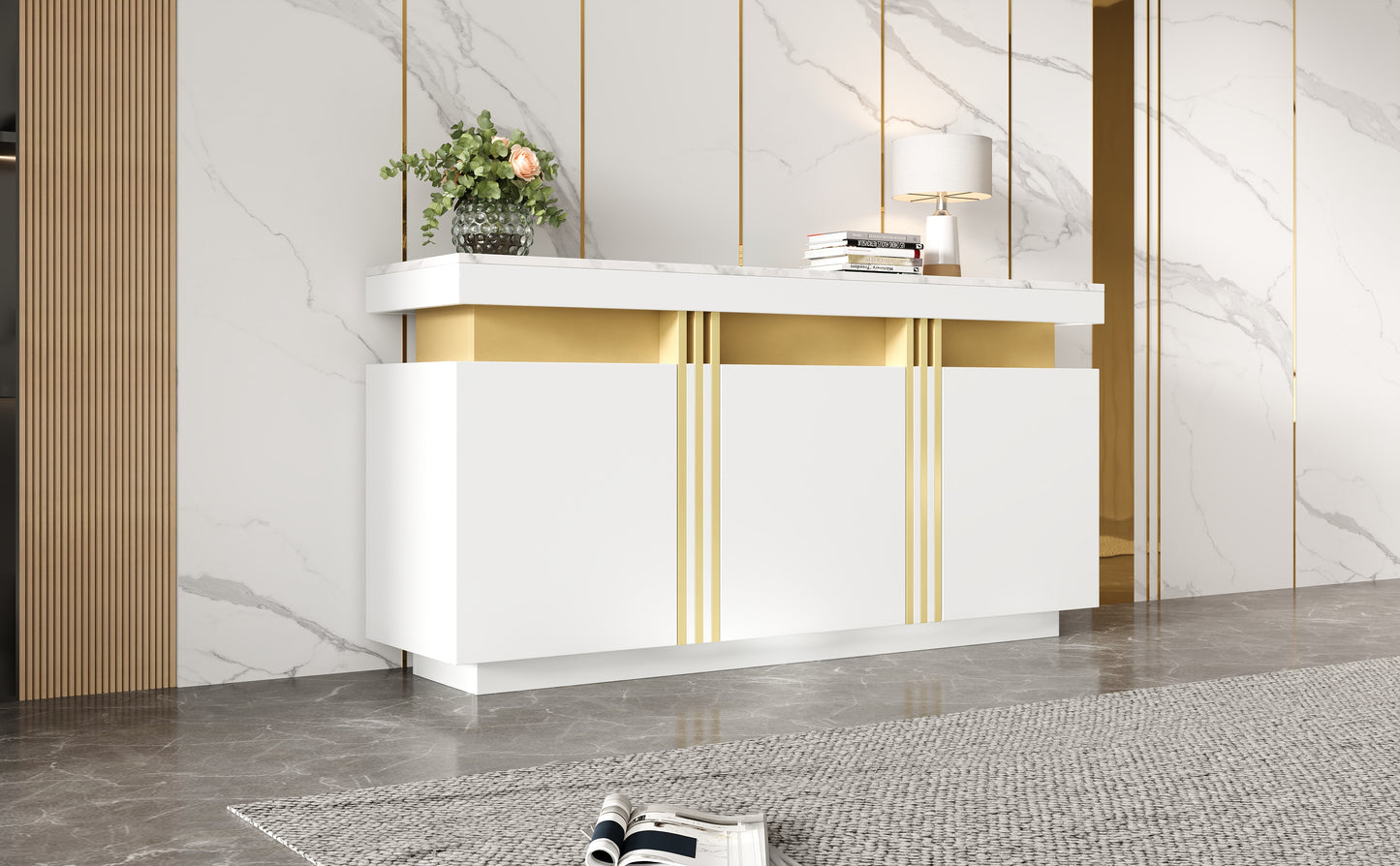 Modern White & Gold Buffet Cabinet, 55'' Sideboard With Faux Marble Top, Luxury Storage Credenza With 3 Doors & Adjustable Shelves For Kitchen, Dining Room, Living Room, Entryway